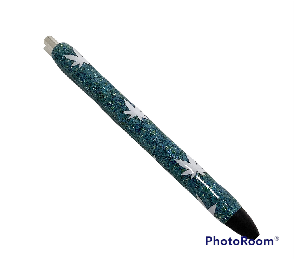 Teal marijuana leaf pen